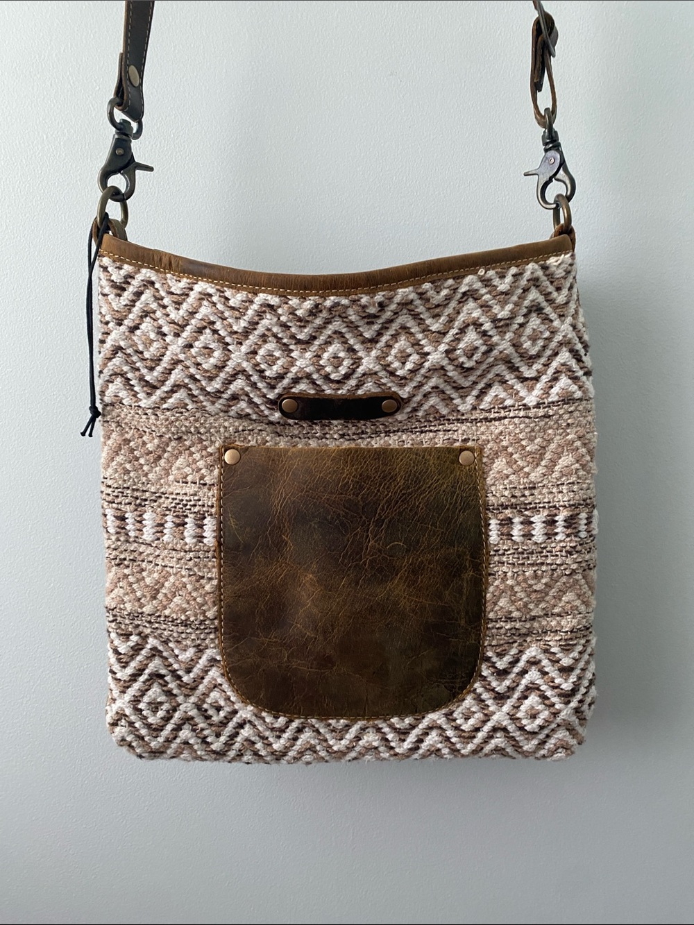 Myra Bag Beige and Brown Woven Crossbody with Leather Pocket